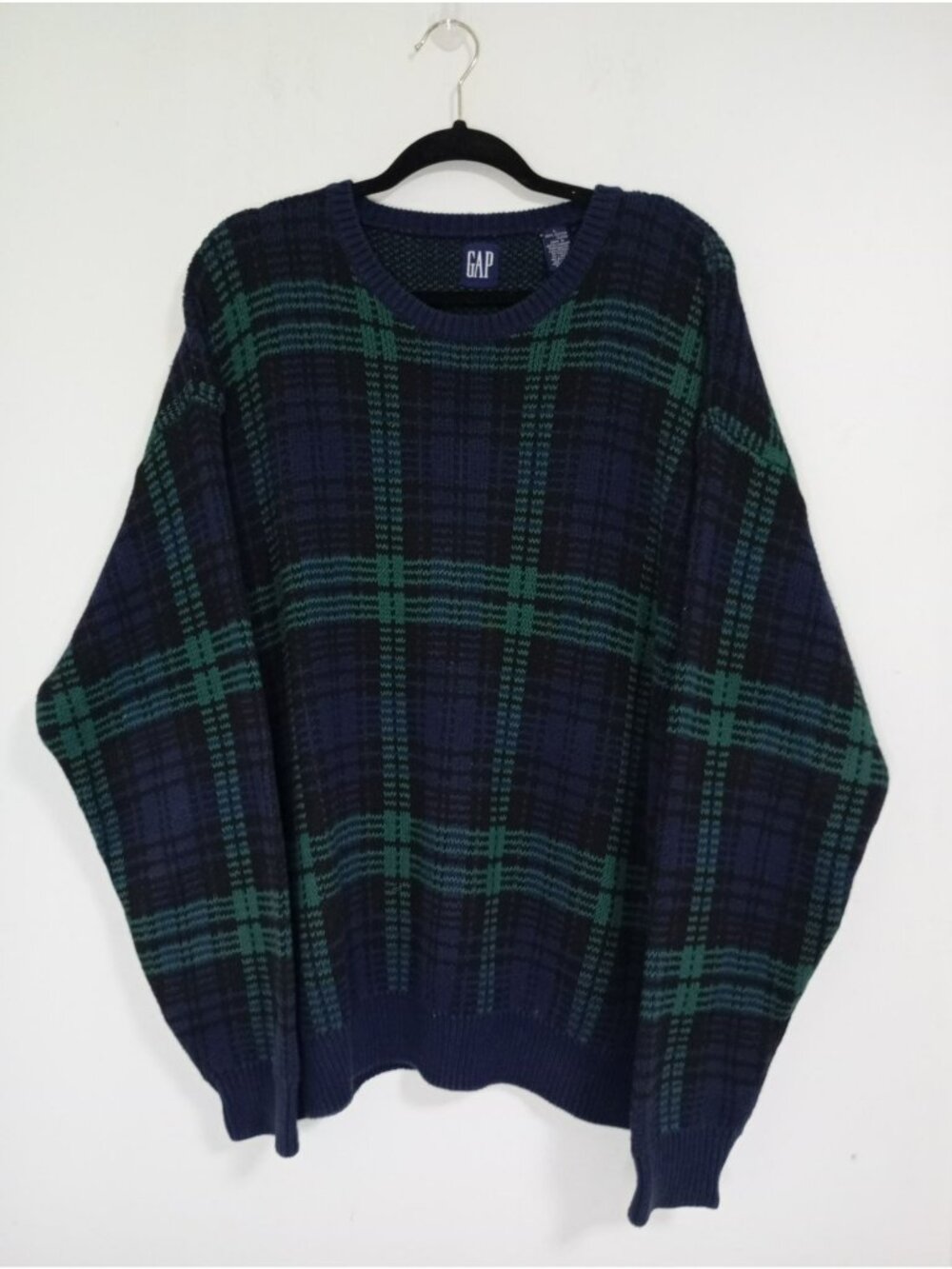 Gap Sweater 100% Cotton Size L Mens Navy & Green Plaid Knit